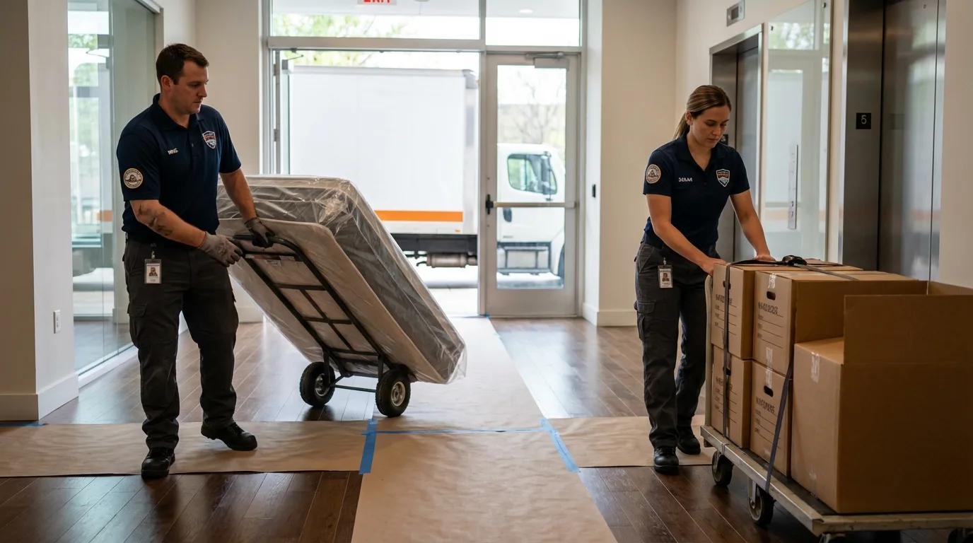 Professional apartment movers loading elevator in Union, KY
